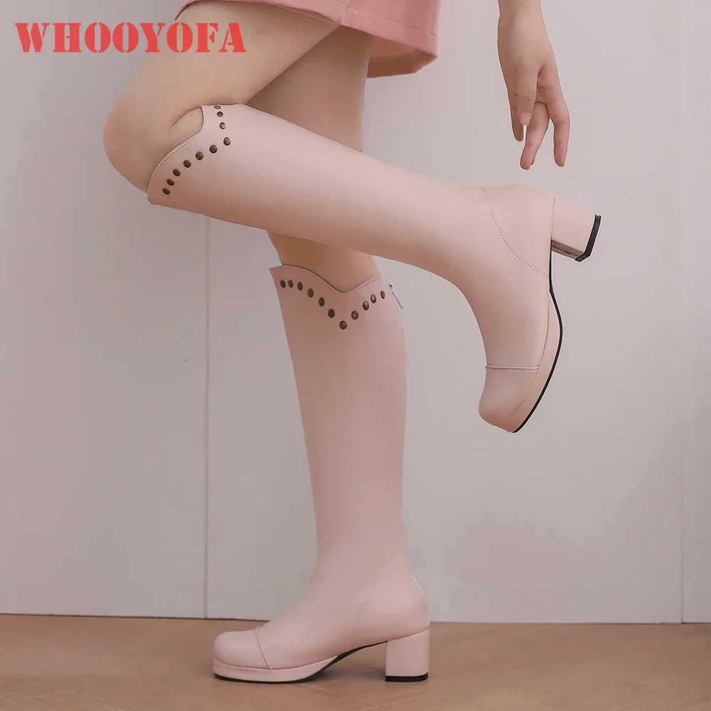 

New Winter Elegant Pink Green Women Mid Calf Boots Fashion Med Heels School Lady Shoes Plus Small Big Size 13 31 43 47 50