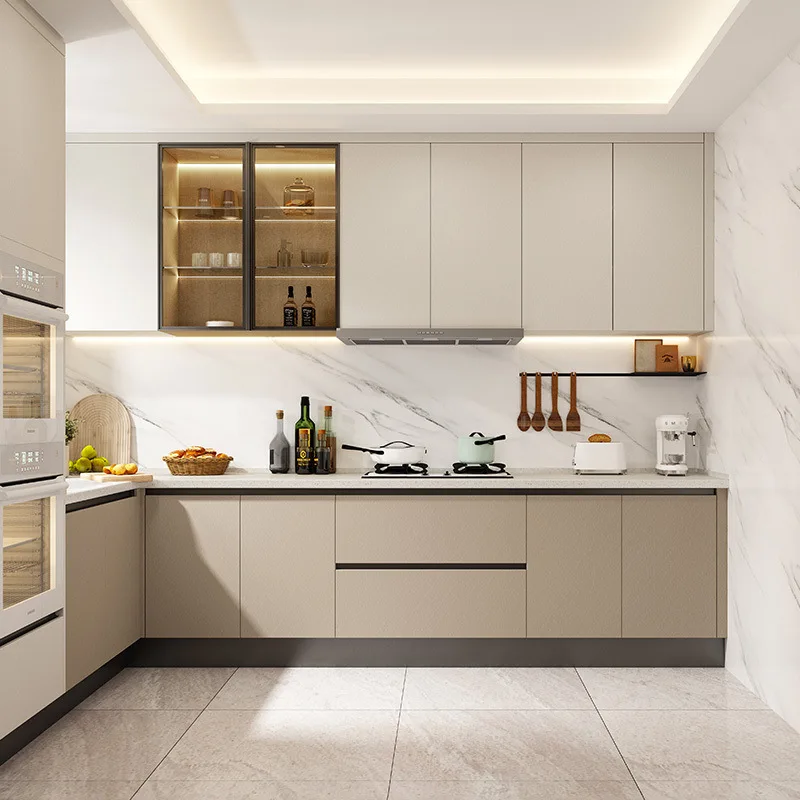 Cream wind kitchen locker storage cabinet quartz stone countertop solid wood stove can be customized color size cabinet