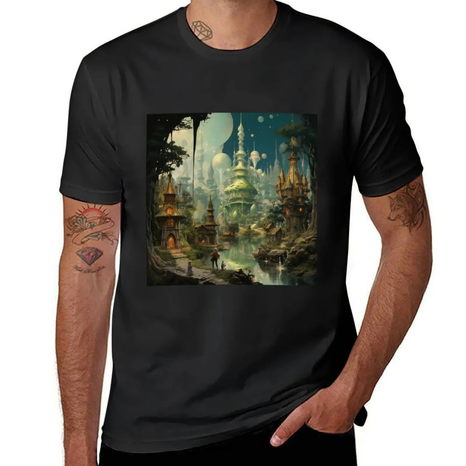 Vintage Fantasy Art Village T-Shirt korean fashion customs men clothes