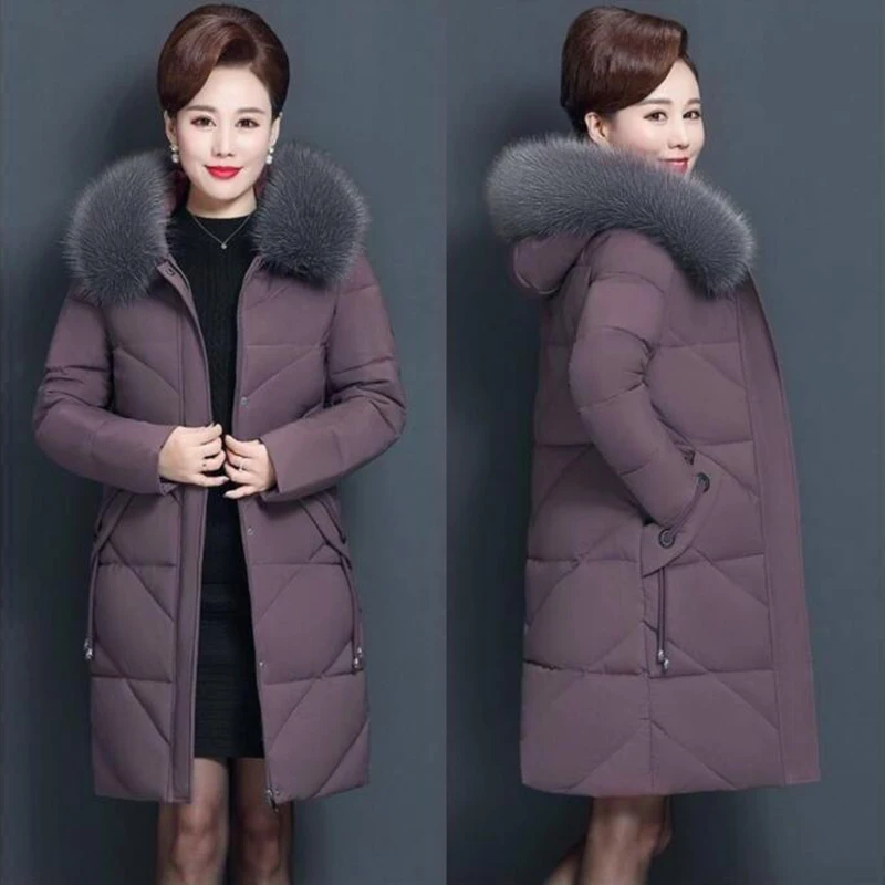 Winter Solid Big Fur Collar Padded Jacket Women Hooded Thickened Warm Cotton Coats Ladies Casual Zipper Mid-length Outwear Coats