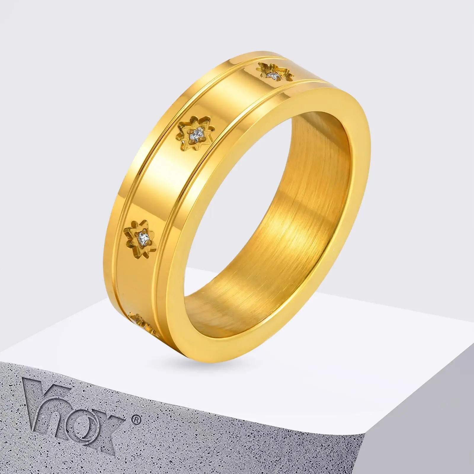 

Vnox Classic Stainless Steel Finger Ring For Women Men, Retro Octagonal Star Indentation Zircon Round Rings, Aesthetic Jewelry