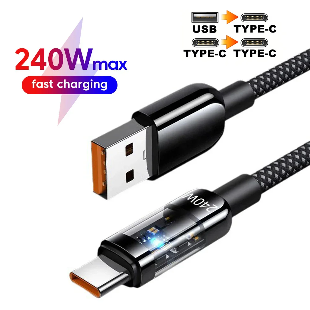 1 Pcs 240W Nylon LED Digital Display USB C Charger Data Cord USB Dual Type C Super Fast Charging Cable For Iphone Xiaomi Huawei