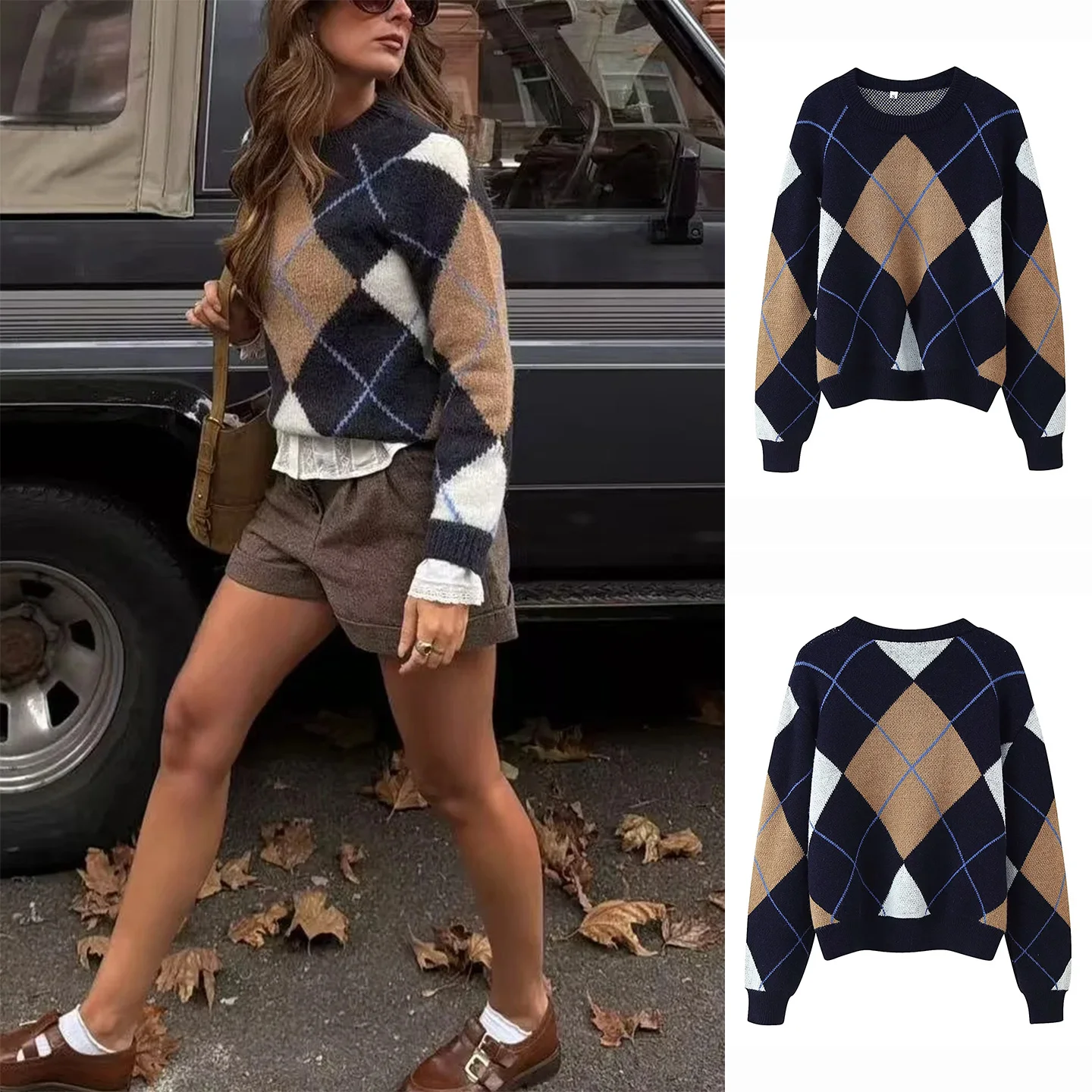 

Winter New Women's Knitted Long Sve round Ne Sweater Color Blo Diamond Pattern French Sle Polyester Fiber Knitwear