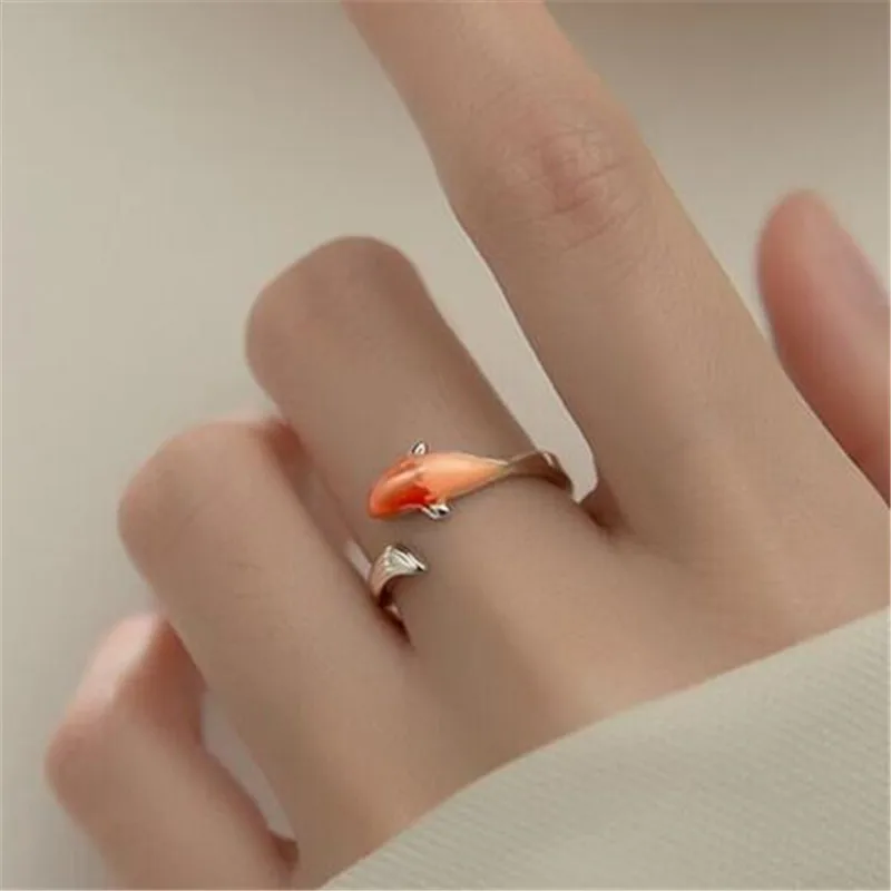 925 Sterling Silver Color Animal Ring Dripping Oil Fish Shape Fine Sterling-Silver Color -Jewelry For Women Girl Anti-Allergy