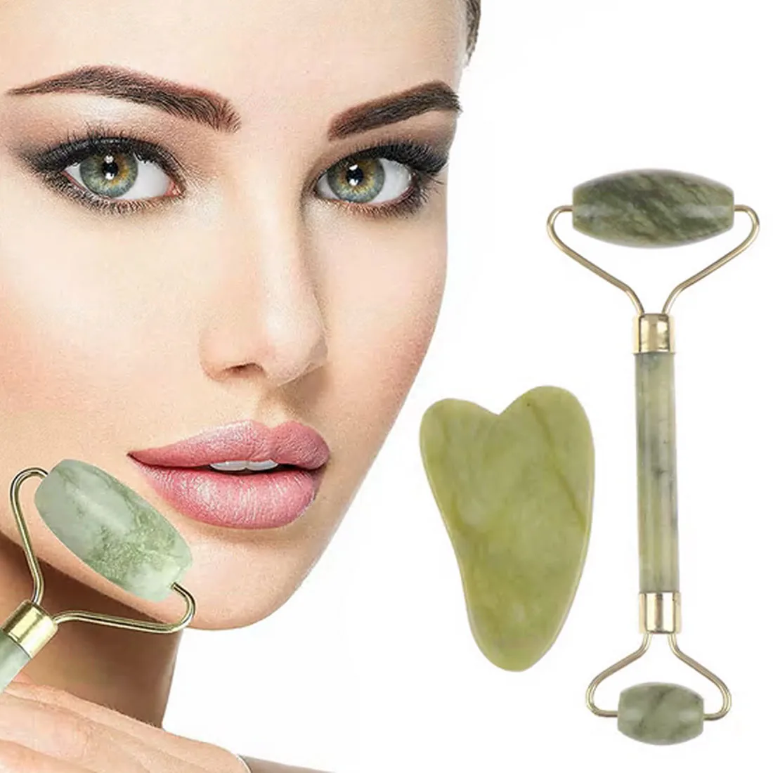 Natural Jade Roller Massager for Face Body Back Foot Massage Roller Facial Liftting Anti-wrinkle Double-end Gua Sha Jade Stone