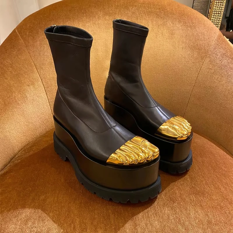 

Novelty Gold Toe Women's Boots Thick Bottom Zipper Platform Modern Boots Retro Leather Wedge Five-Finger Mid Calf Boots 2025