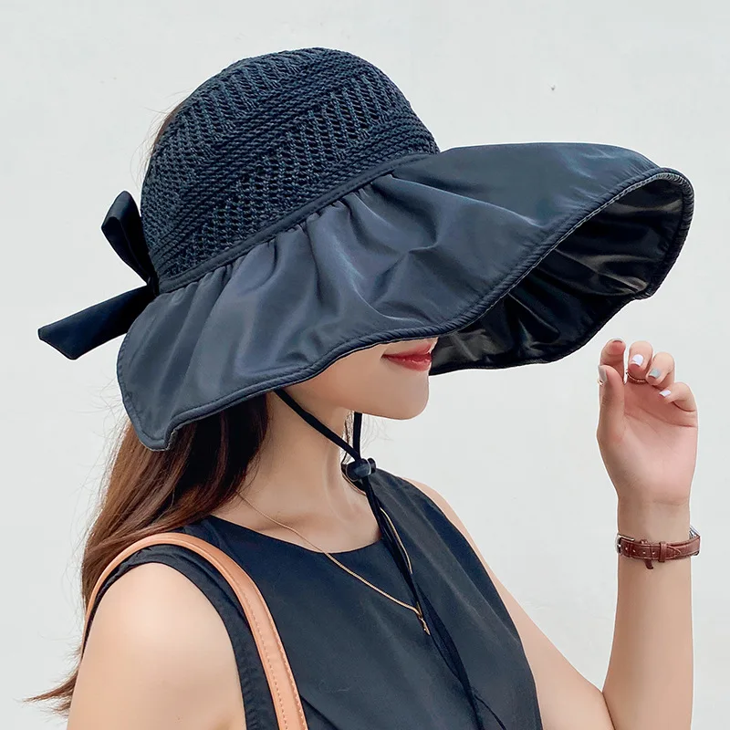 Hat Lady Summer Sunshine UV Hat Anti-ultraviolet Black Glue Empty Top Hat Big Edge Cover Face Sunshade Beach Sun Protection Caps