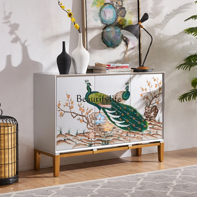 Art Hand-Painting Peacock Cabinet Luxury Foyer Doorway Solid Wood Dining Side Living Room Locker