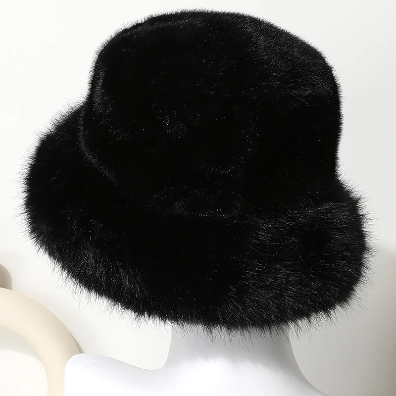 Große Faux Pelz Eimer Hut für Frauen Dicke Plüsch Warme Schöne Flauschigen Winter Hut Dame Luxus Mode Pelzigen Panama Fischer Kappe – Detail 4