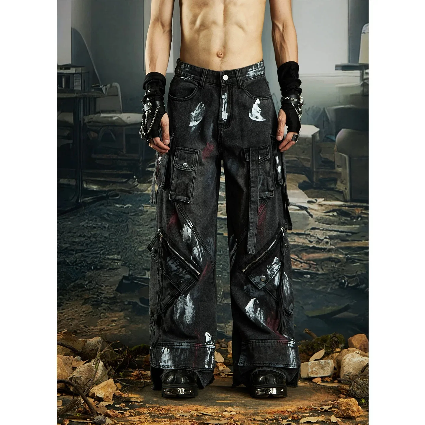 

Потертые черные джинсы для мужчин и женщин, широкие брюки в стиле хип-хоп, тяжелые промышленные брюки 2000-х годов, готические джинсы с несколькими карманами