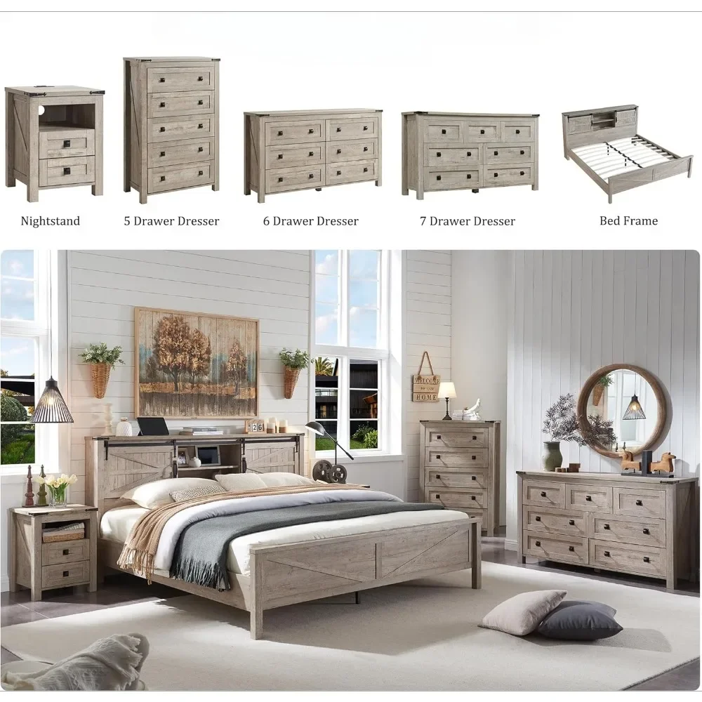 King Bed Frame with Bookcase Headboard Sliding Barn Door Storage Cabinet Charging Station Wood Slats Support，Bed Frame