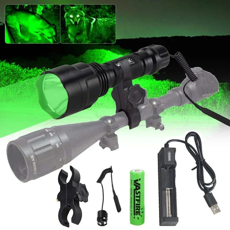 C8 LED Flashlight White/Green/Red Tactical Hunting Rifle Lantern+Pressure Switch+Rail Scope Mount+18650+USB Charger