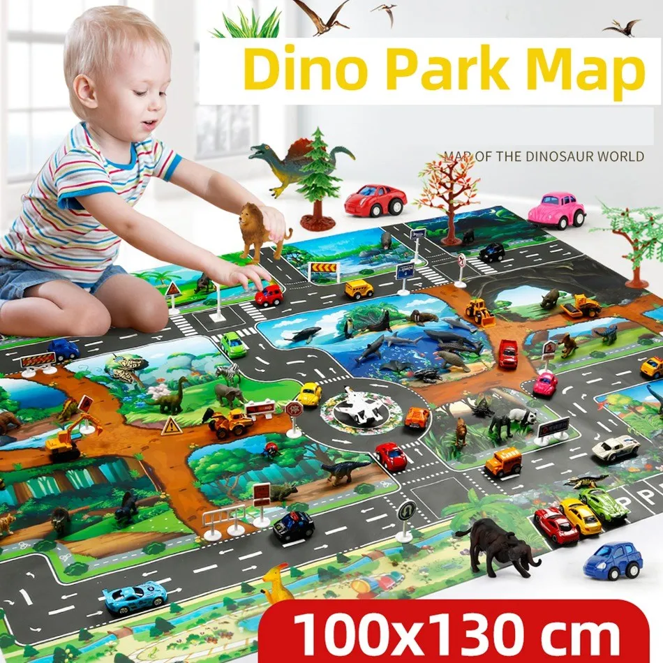 Crianças jardim zoológico dinossauro tráfego carro mapa meninos meninas brinquedos educativos tapetes do bebê dos desenhos animados jogo tapete