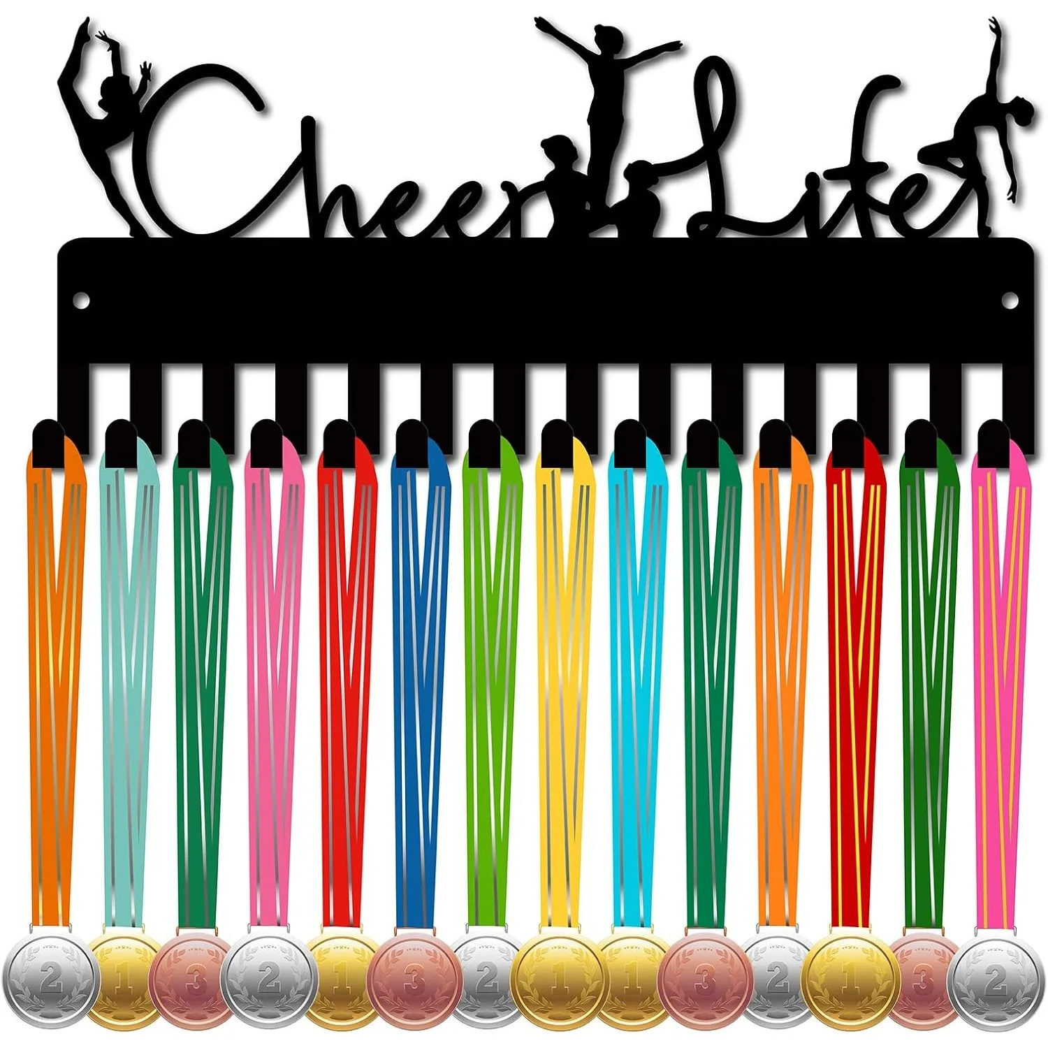 Cheer Life Metal Medal Hanger Display with 14 Hooks for Wall, Black 11.4x5.1 Inch Sports Award Holder Rack Iron Small Mount Deco