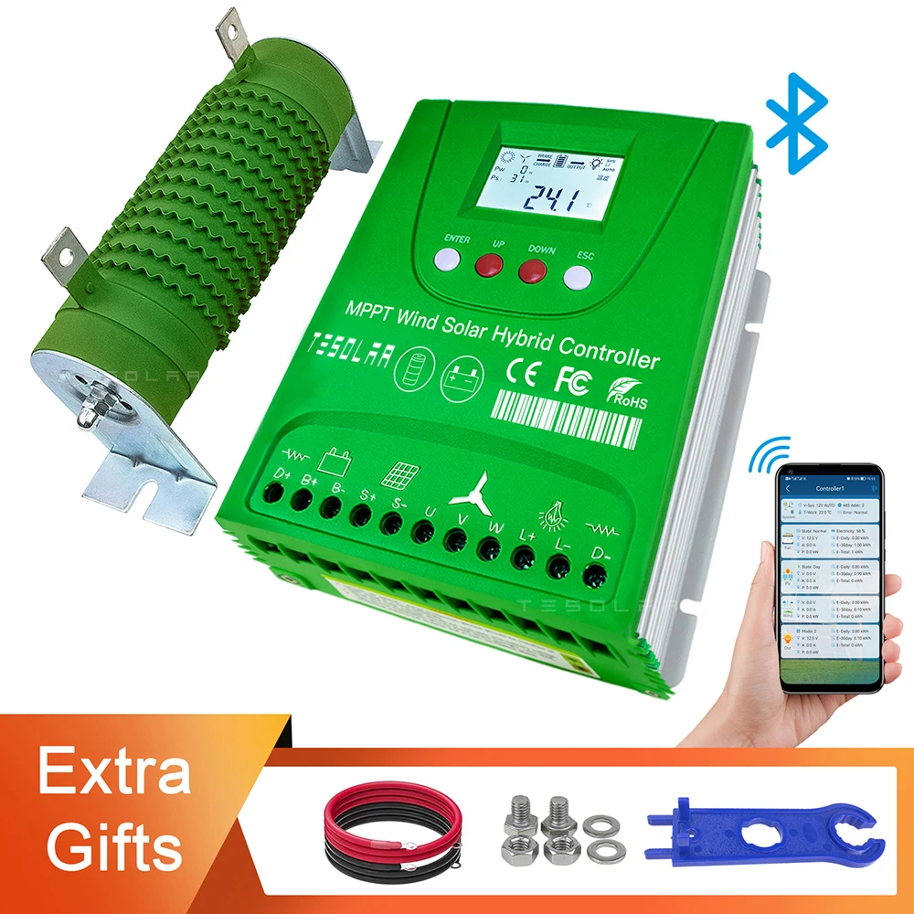 Vento Híbrido Controlador Solar para Sistema de Energia Híbrido Auto Match Mppt 12v 24v 48v Regulador Bluetooth Opcional Android App 2400w