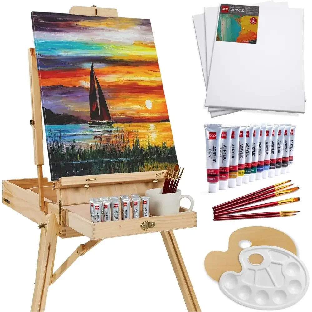 Portable Wooden Adjustable Tripod Easel with Sketch Box, 32-Piece Art Set including Acrylic Paints, Brushes, Canvases, and Palet