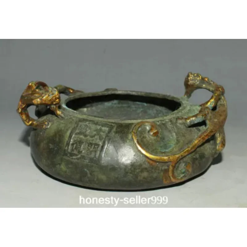 Old Xuande Dynasty Bronze Gilt Dragon Pixiu Beast Pen Wash Ashtray Pot Statue