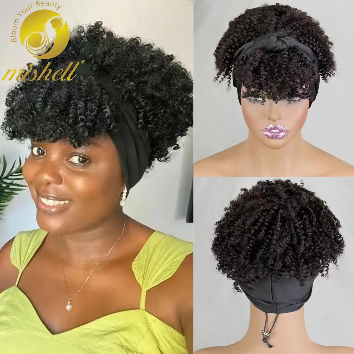 

200% Density Natural Afro Kinky Curly Scarf Wig with Bangs Machine Made Wig Curly 100% Human Hair Wig Preplucked for Black Women