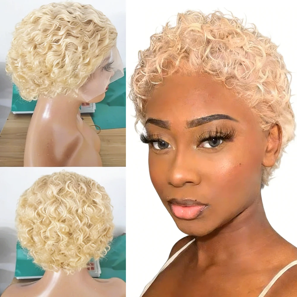 

Pixie Cut Short Bob 613 Blonde Colored Wig Curly 13x4 Transparent Lace Front Human Hair Glueless Wigs Ready To Wear