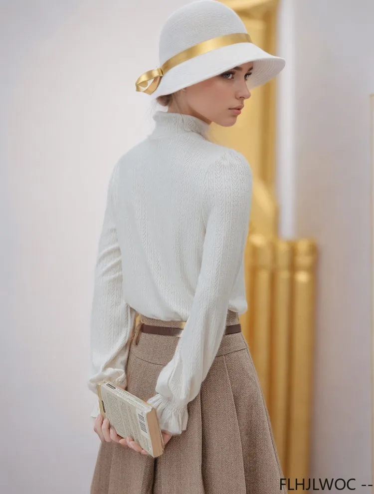 Lange Flare Mouw Halve Coltrui Tops Blouses Nieuw Ontwerp Vrouwen Schattige Ruches Japan Meisjes Stijl Effen Katoen Basics Shirts