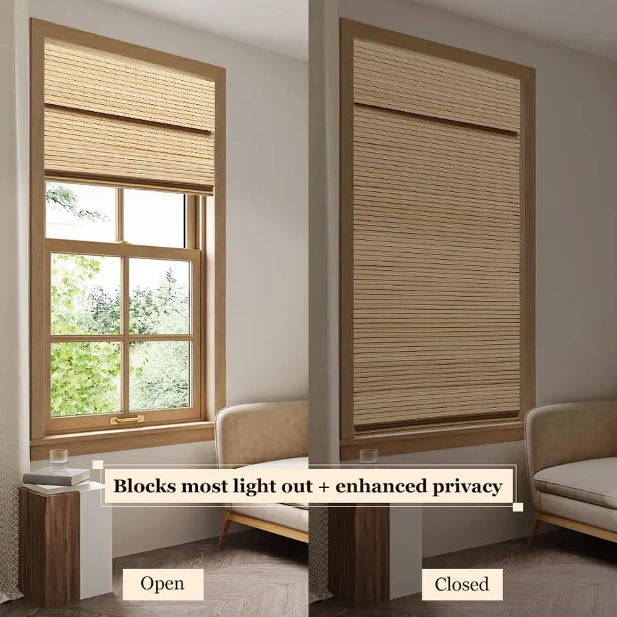Cordless Bamboo Roman Blinds Shades for Indoor WindowsBlackout Room Darkening Roman Blinds with 6 Valance Cover Enhanced Privacy - Detail 1