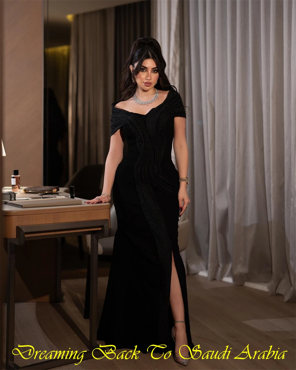 Customized Classic Black Jersey Evening Dress Classic V-Neck Off the Shoulder Party Dress Soft Mermaid Sweep Train Prom Dresses