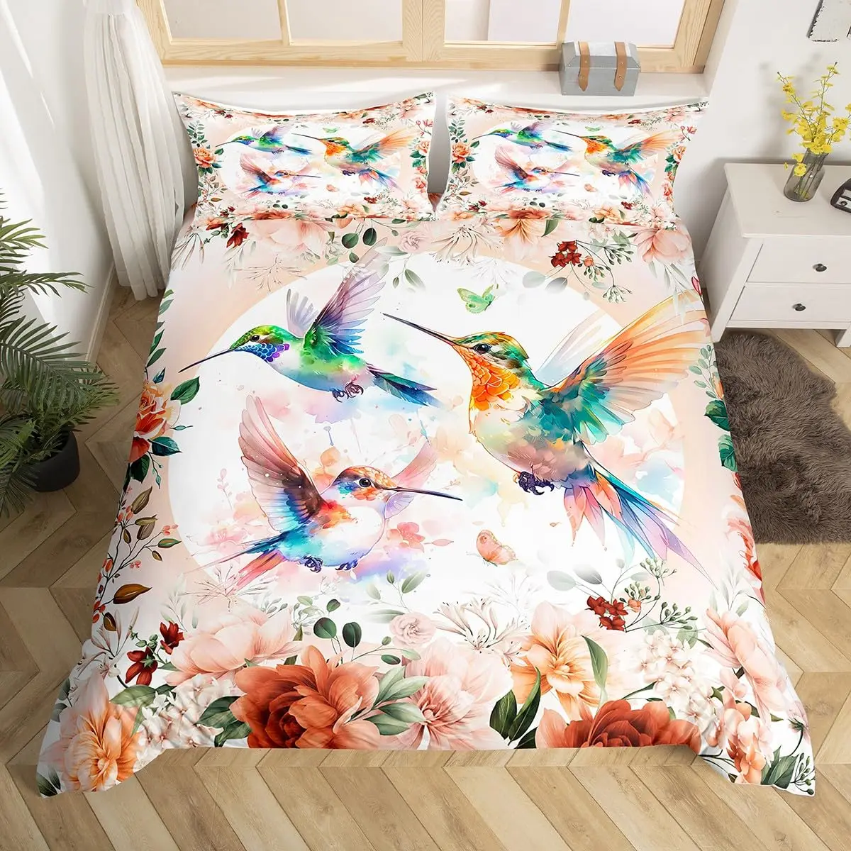 Wildlife Hummingbird Twin Queen Duvet Cover,Flower Bird Bedding Set for Kids Adults,Rustic Country Style Floral Comforter Cover