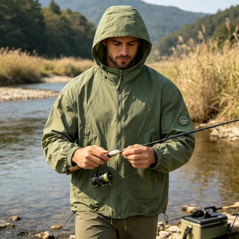 Herren-Sonnenjacken mit Kapuze UPF50+ Ultra Dünne Sonnenschutz-Windjacke mit Elastischen Bündchen für Outdoor, Wandern und Camping