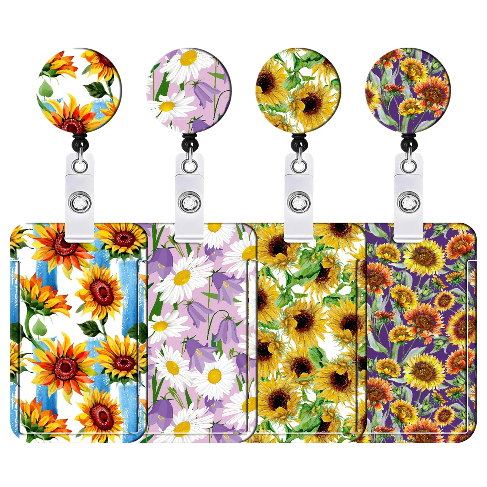 Staff Working Cards Holder with Retractable Long Lanyard and Badge Reel Flower ID Credit Cards Holder Cover for Woman Phone Rope