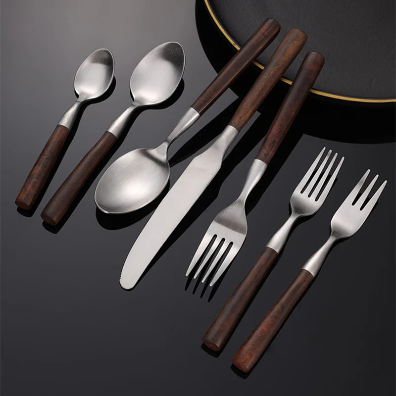 Upscale Frosted Cutlery with wooden Handles Stainless Steel Dinnerware Western Tableware Knife Fork Tea Spoon Silverware