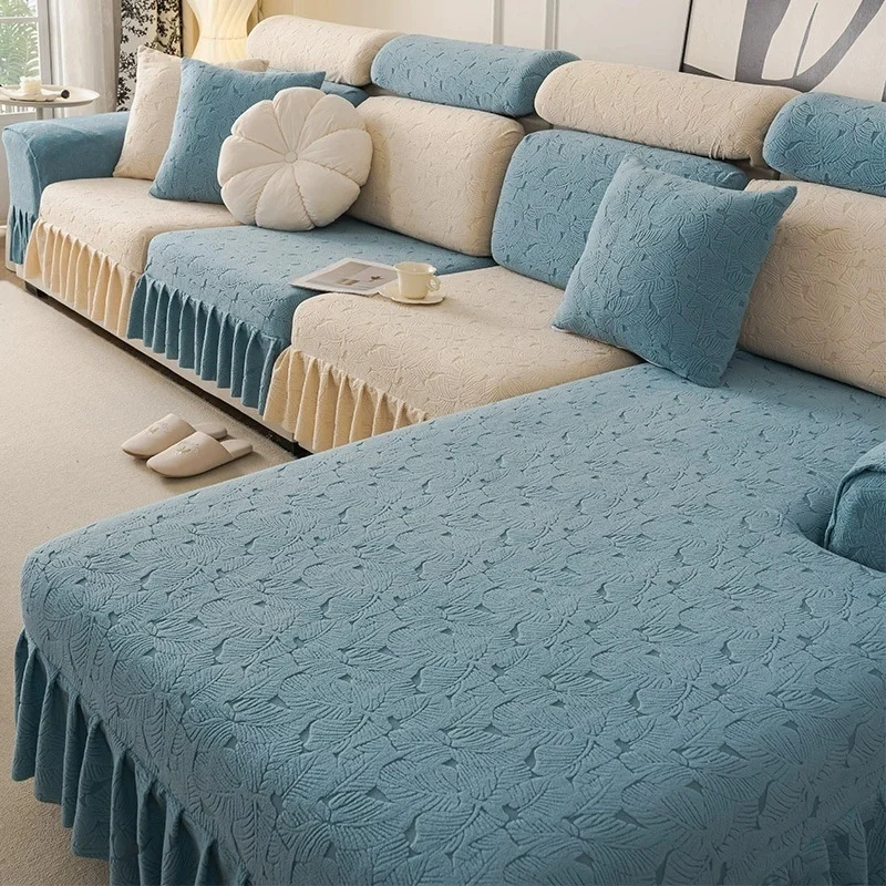 Frilled-hem Sofa Cushion Covers Anti-slip Jacquard Fleece Couch Slipcover Elastic Full-coverage Sofa Seat Cover Protector