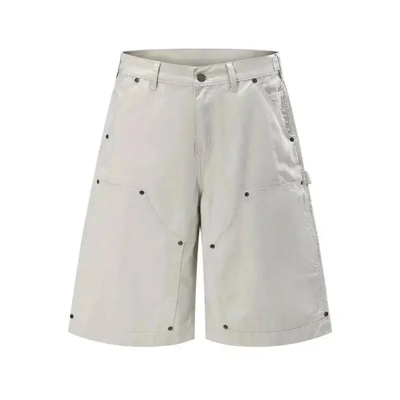 Men's Cargo Shorts Light Grey Rivet Detail Multi Pocket Patchwork Trendy Design Casual Wide Leg Cropped Pants Summer 9X474Y