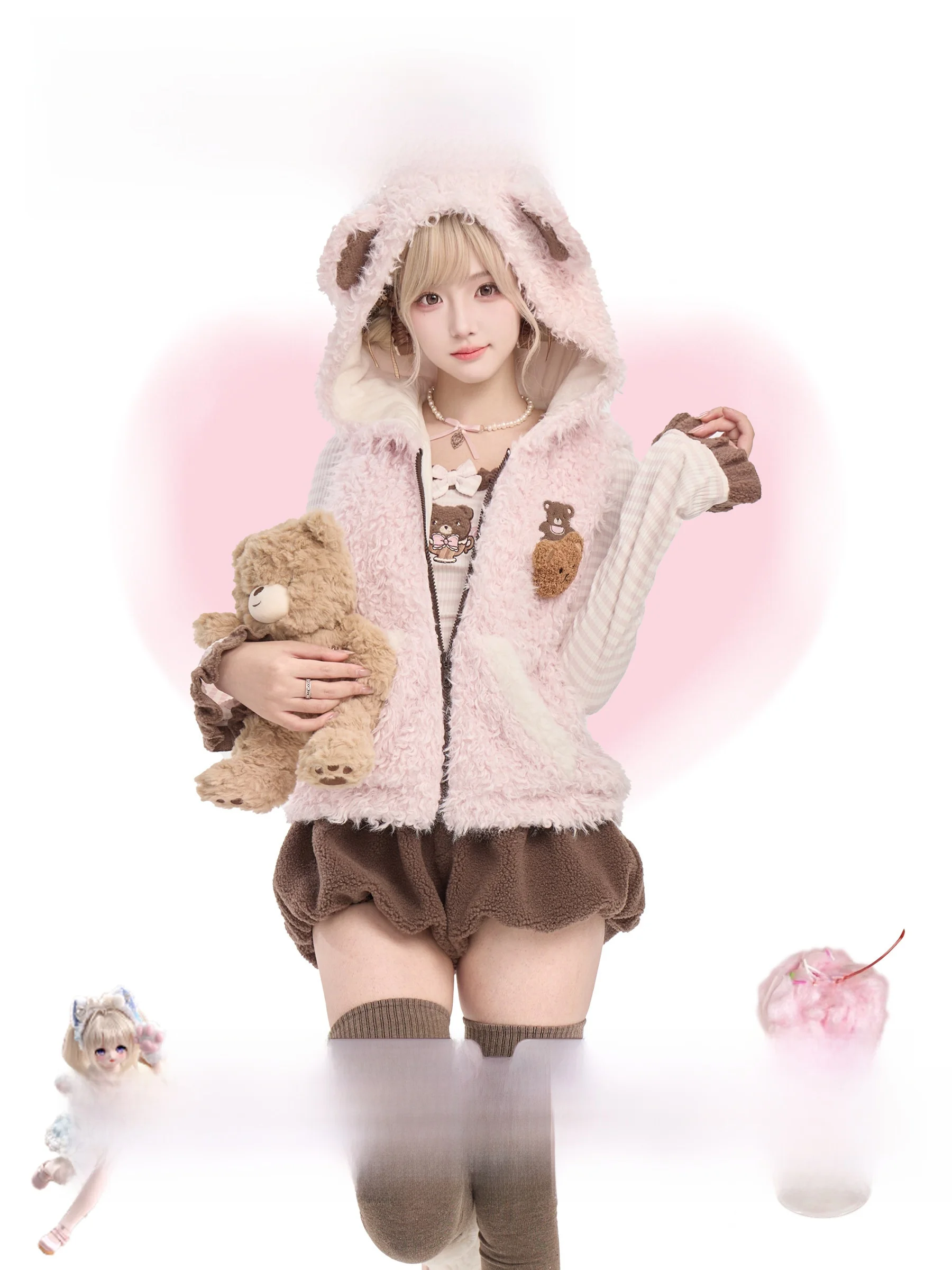 

Girls nut Stberrie Long Sve Knitted Furry Vest And orts Set Spring Collection Stand Fit Hat Design Zipper Closure