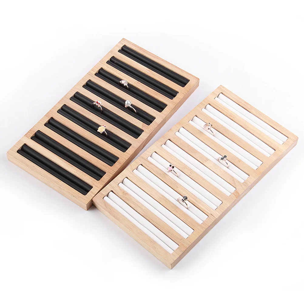 

Бамбуковый деревянный прямоугольный поднос для колец, белый ПУ, прочная витрина для ювелирных изделий, подставка-органайзер для туалетного столика или магазина