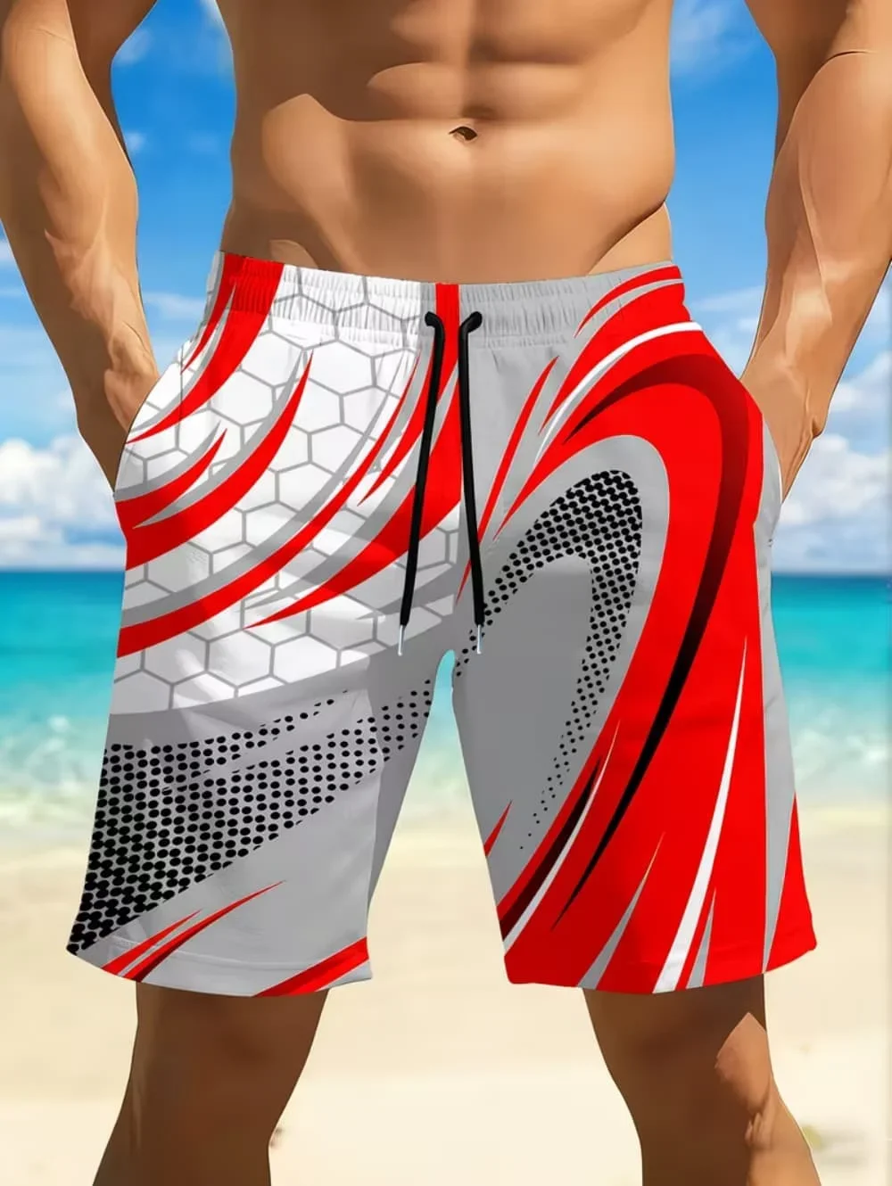 Men 3D Red White Geometric Print Beach Shorts Quick Dry Drawstring Board Shorts Summer Surf Swim Trunks with Pockets