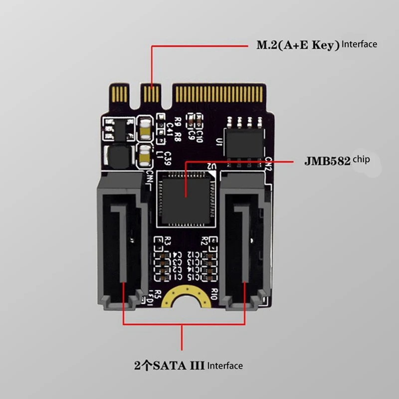Tarjeta elevadora M.2 a SATA3.0, llave de tarjeta de expansión A + E Wifi M.2 a tarjeta adaptadora SATA, unidad gratuita JMB582