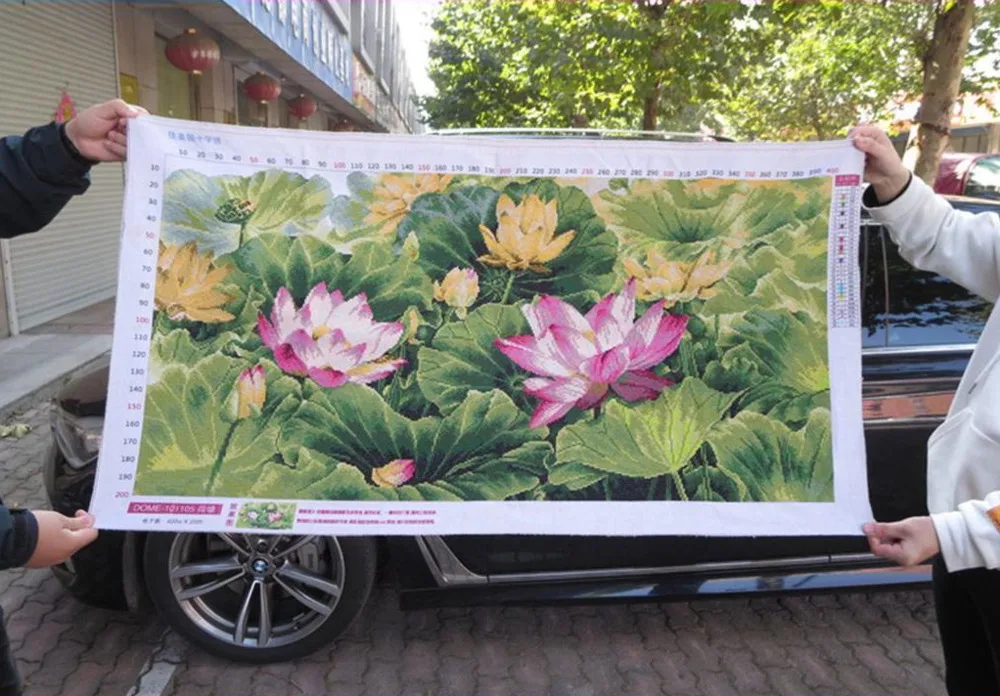 Handmade cross stitch finished product with lotus pond, lotus flower, and lotus charm. New style decoration for living room,