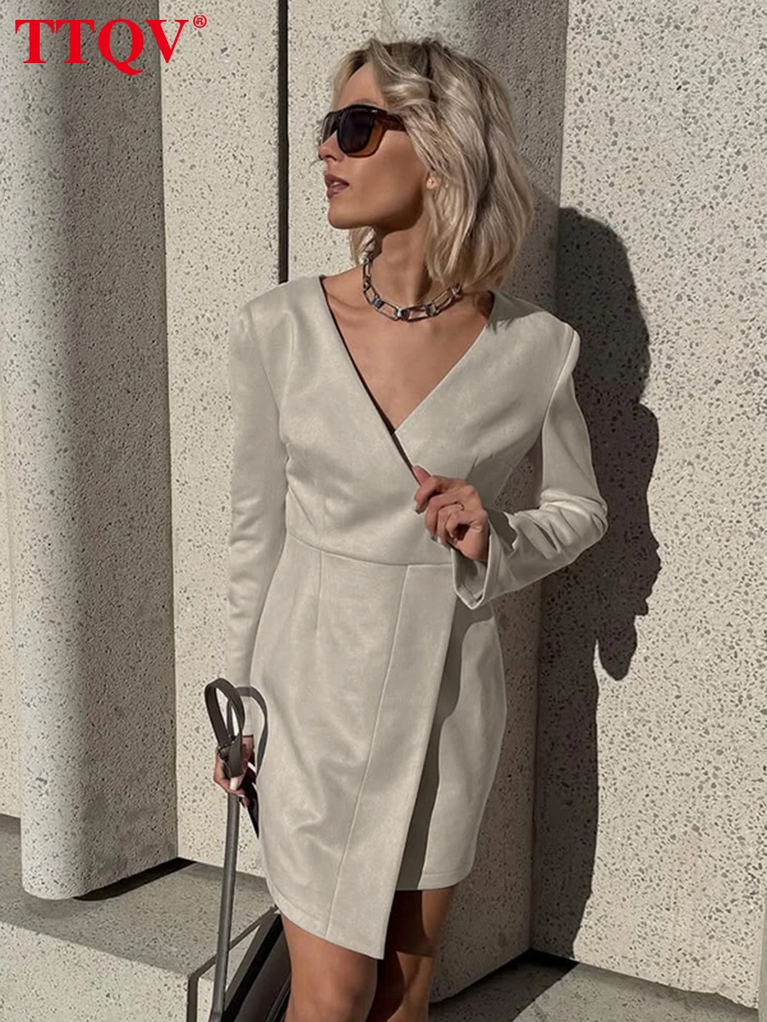 

TTQV Fashion Loose Apricot Women's Dress 2026 Sexy V-Neck Long Sleeve Mini Dresses Elegant Classic Solid Female Dress Streetwear