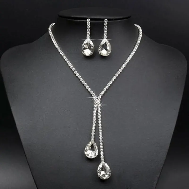 Sparkling Rhinestone Water Droplet Necklace Earrings Set Of Two