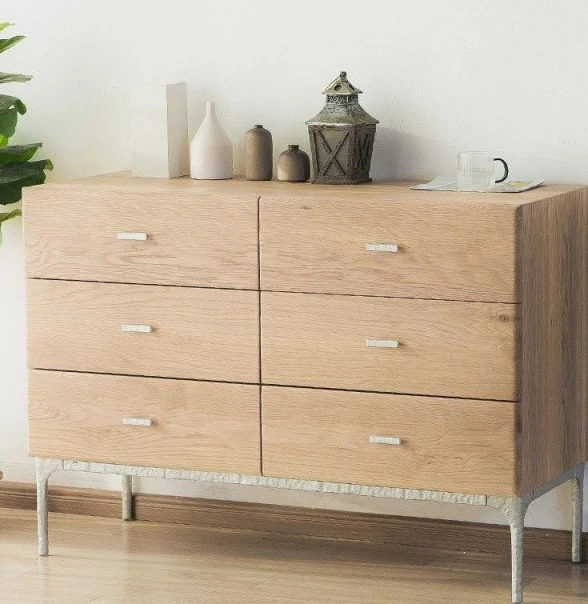 Nordic six-bucket cabinet, oak solid wood five-bucket side cabinet, bedroom furniture, classical retro style
