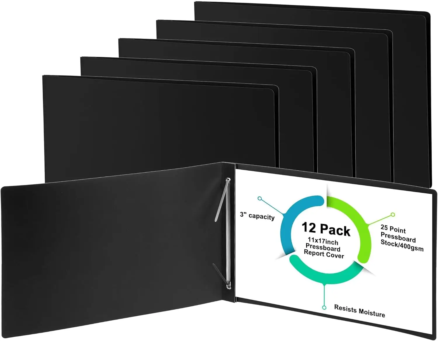 

12 Pcs 11'' x 17'' Pressboard Report Covers with Metal Prong Fastener, 3" Capacity for Documents
