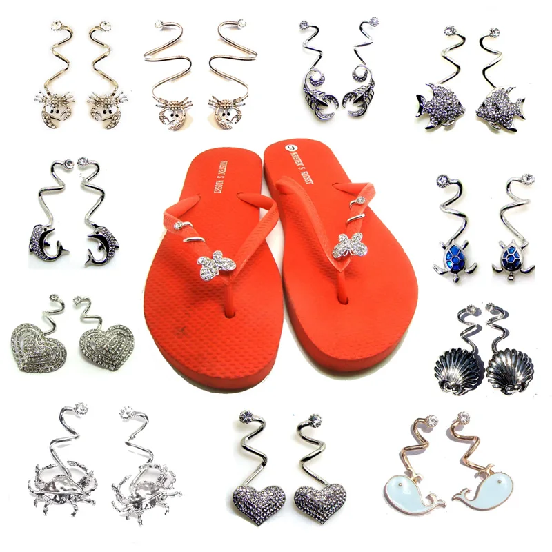 Twist Shoe Charms Metal Spiral Flip Flop Decorations Crystals Sea Turtle Seahorse Anchor Starfish Ornaments Summer Beach Slipper