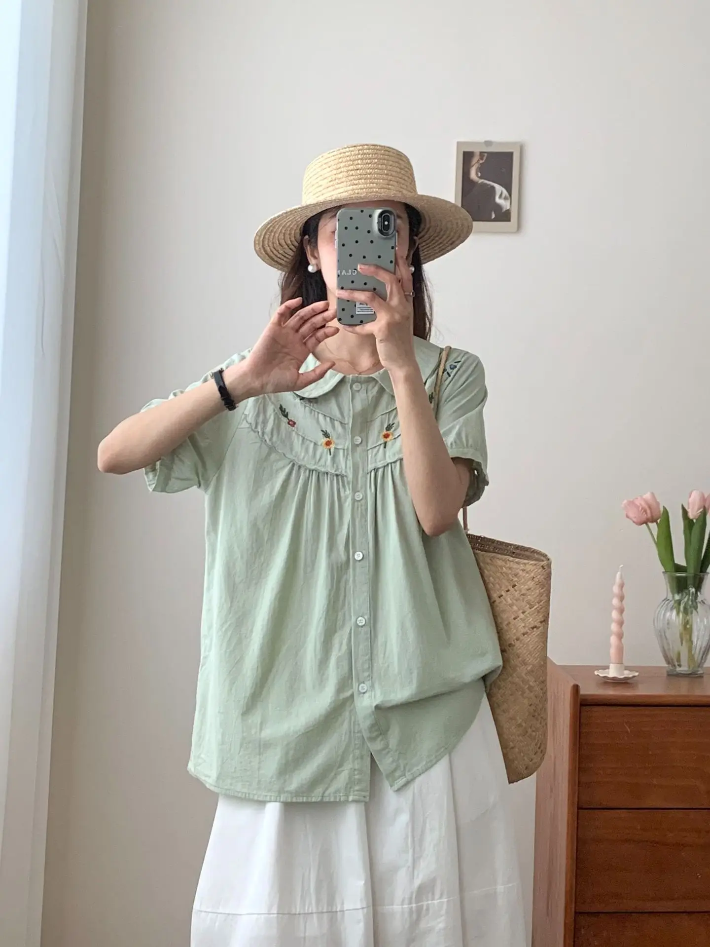 New 2025 Summer Cotton Short Sleeve Shirt, Women Peter Pan Collar Embroidery, Mori Girl Sweet Casual INS Loose Blouse T55521CC