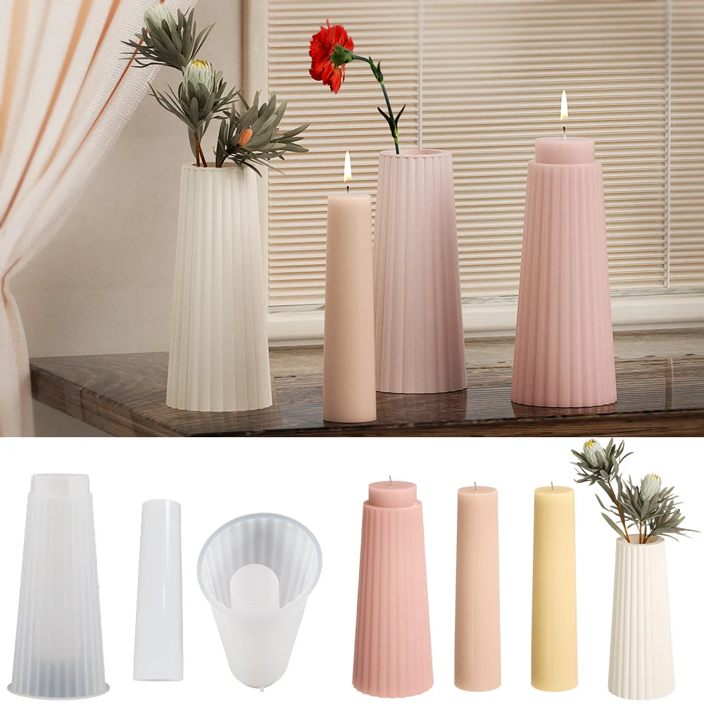 

Large Size Striped Pattern Vase Epoxy Resin Mold Cement Gypsum Candle Column Flower Vase Home Decoration Silicone Mold