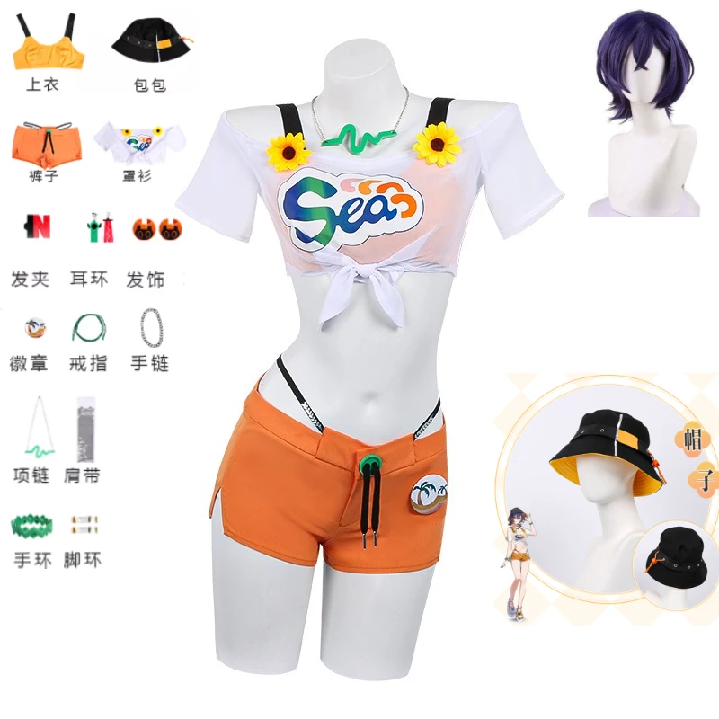

ZZZ Belle Beach Outfit Cosplay Costume Summer Version Orange Denim Shorts Sheer Crop Top Swimsuit Full Set Cosplay Party