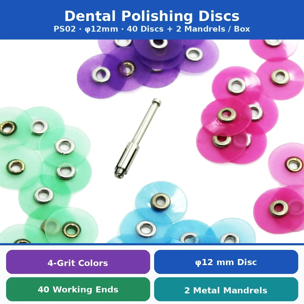 Dental Polishing Discs PS02 12mm Assorted Grit Composite Resin Finishing 40pcs 2 Metal Mandrels Color Coded Clinic Lab RA Shanks