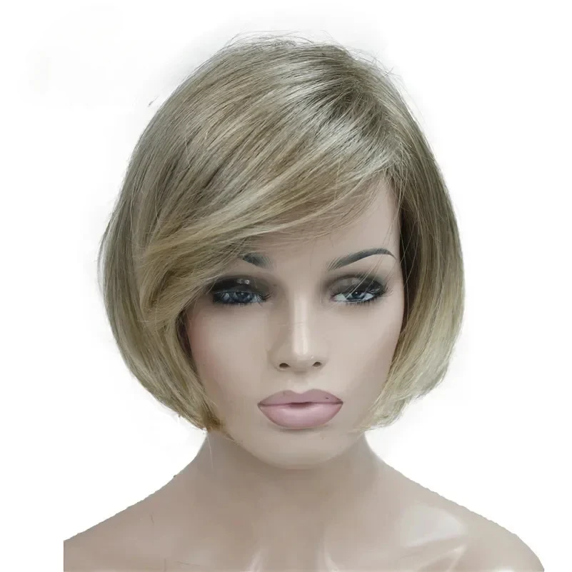 Short Straight Ombre Blonde Bob Side Swept Bangs Synthetic Wig Women Full Wigs COLOUR CHOICES