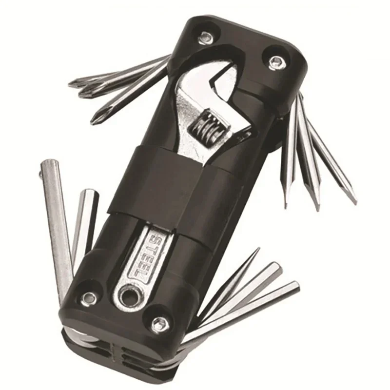 Suitable for mountain bikes and road bikes, this multifunctional tool kit includes tire repair tools, screwdrivers, and chains