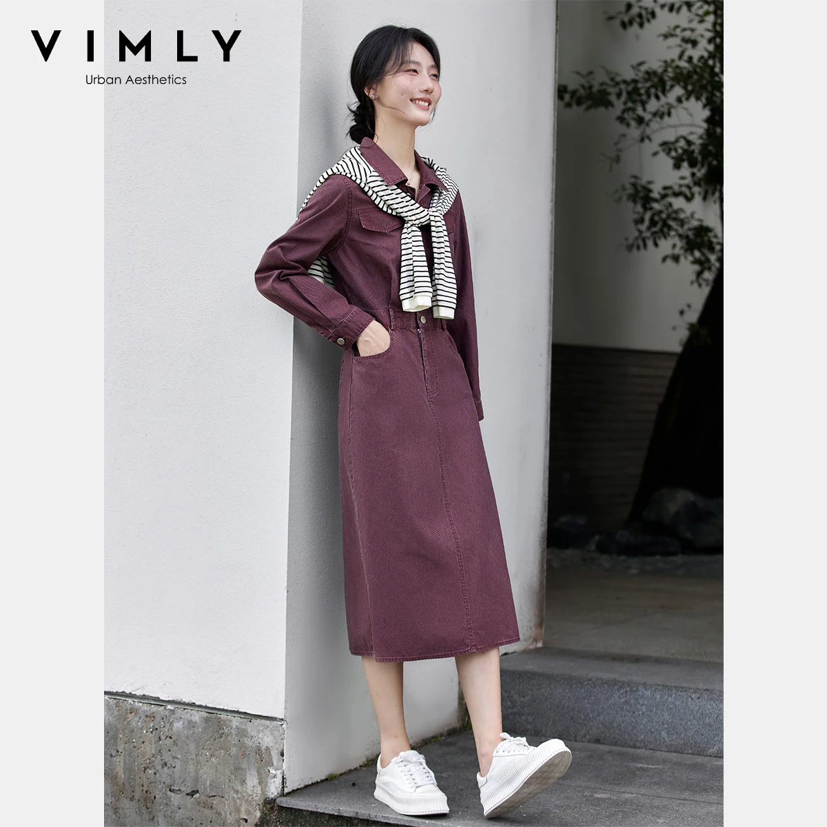 VIMLY Women's Purple Denim Dresses Casual Pure Cotton Turn-down Neck Ladies Maxi Dress Autumn 2025 Straight Button Dress A2891