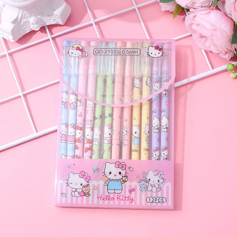 12pcs/Set Kawaii Cartoon Hello Kitty 0.5mm Gel Pen Stationery Kuromi Melody Cinnamoroll Erasable Gel Pen Student Office Supplies